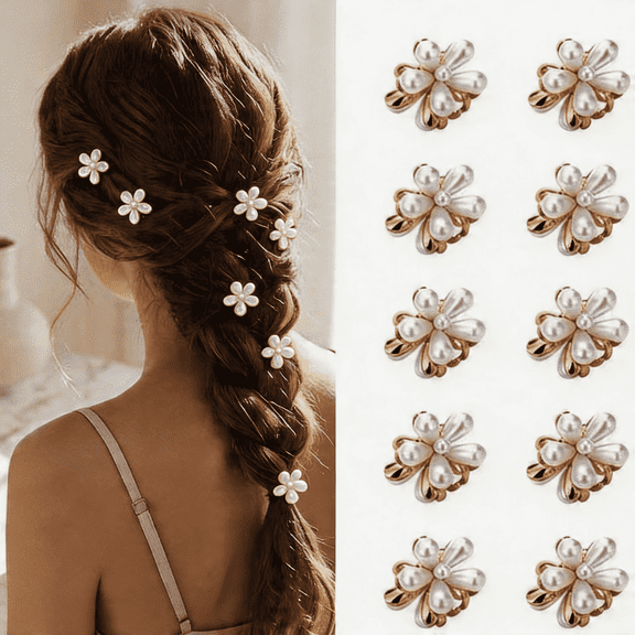 10pc Mini Pearl Flower Hair Claw Clips - Non-Slip Small Daisy Bangs Clips for Women & Girls; Aesthetic Y2K Wedding & Daily Hair Accessories