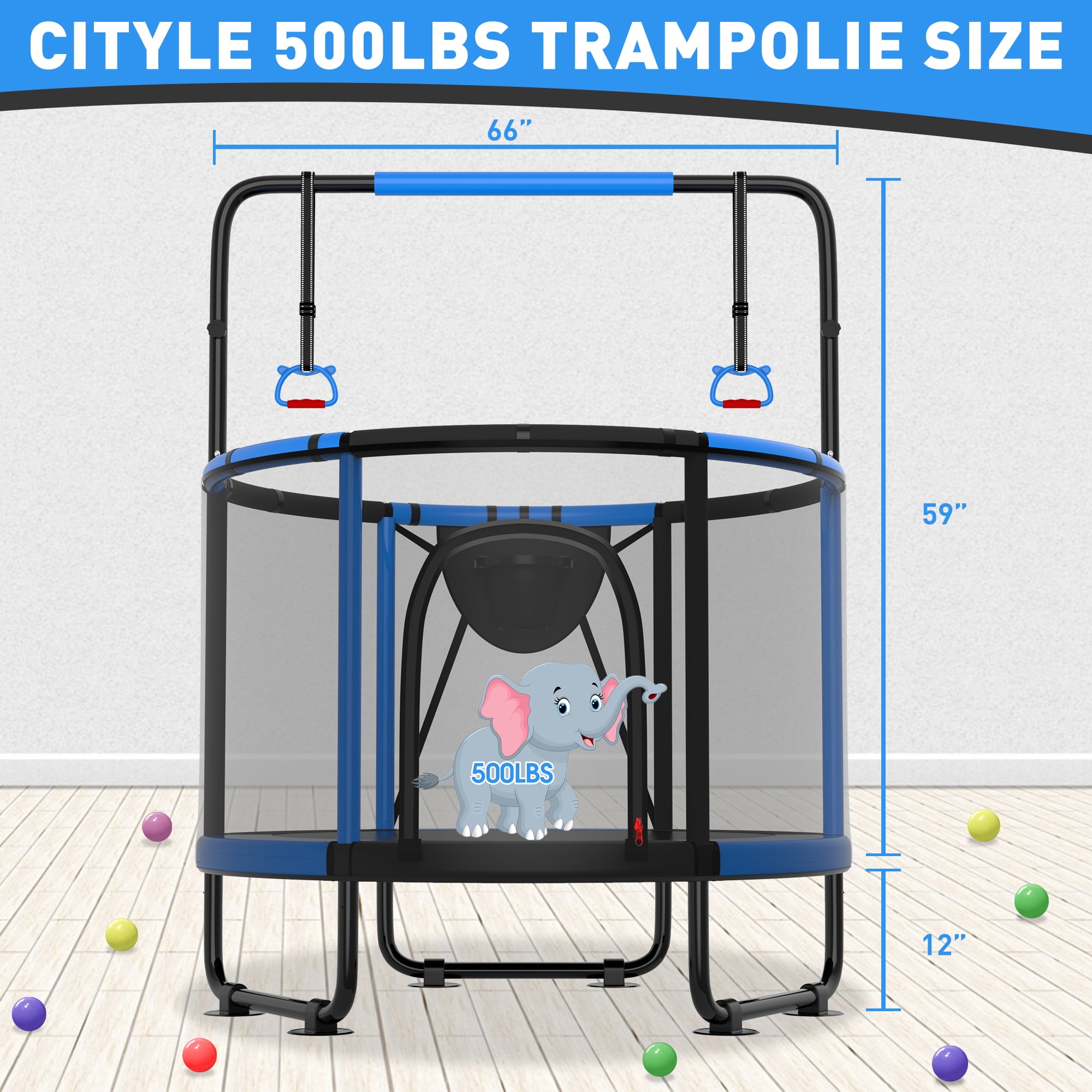 CITYLE Trampoline for Kids 600LBS 5.5FT Toddler Trampoline Indoor Outdoor with Basketball Hoop, Swing, Adjustable Bar, 66'' Mini Small Trampoline with Enclosure, Gifts for Toddlers, Boys & Girls