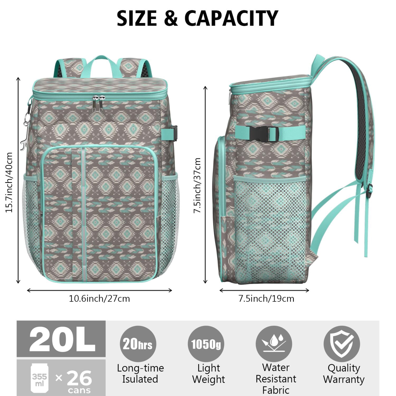 Travel Cooler Bag - Boho Bohemia Pioneer Flower Geometric Line Art Camping Beer Cooler Backpack with Bottle Opener- Waterproof Insulated Picnic Backpacks - Cooler Bag for Beach