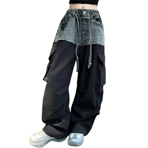 KAUOD Baggy Cargo Pants for Girls Baggy Jeans Kids Y2K Aesthetic Streetwear Wide Leg Denim Pants Elastic Waist Cargo Jeans