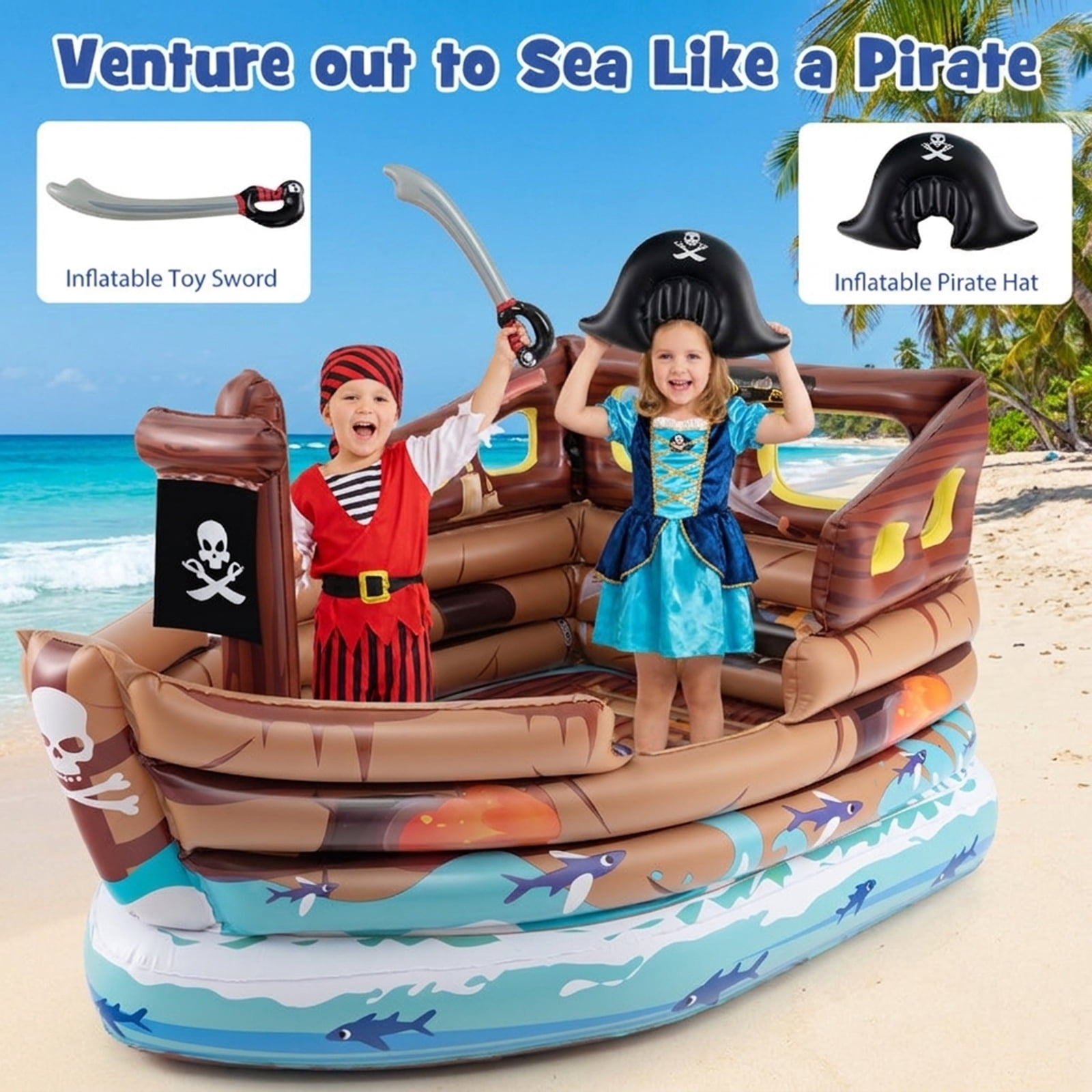 Redsmile Inflatable Pirate Ship Playhouse for Toddlers, Indoor Playground with Built-in Motor, Toy Sword and Pirate Hat, Kids Play Tent for 2 Kids 3+, Christmas Gift, Brown