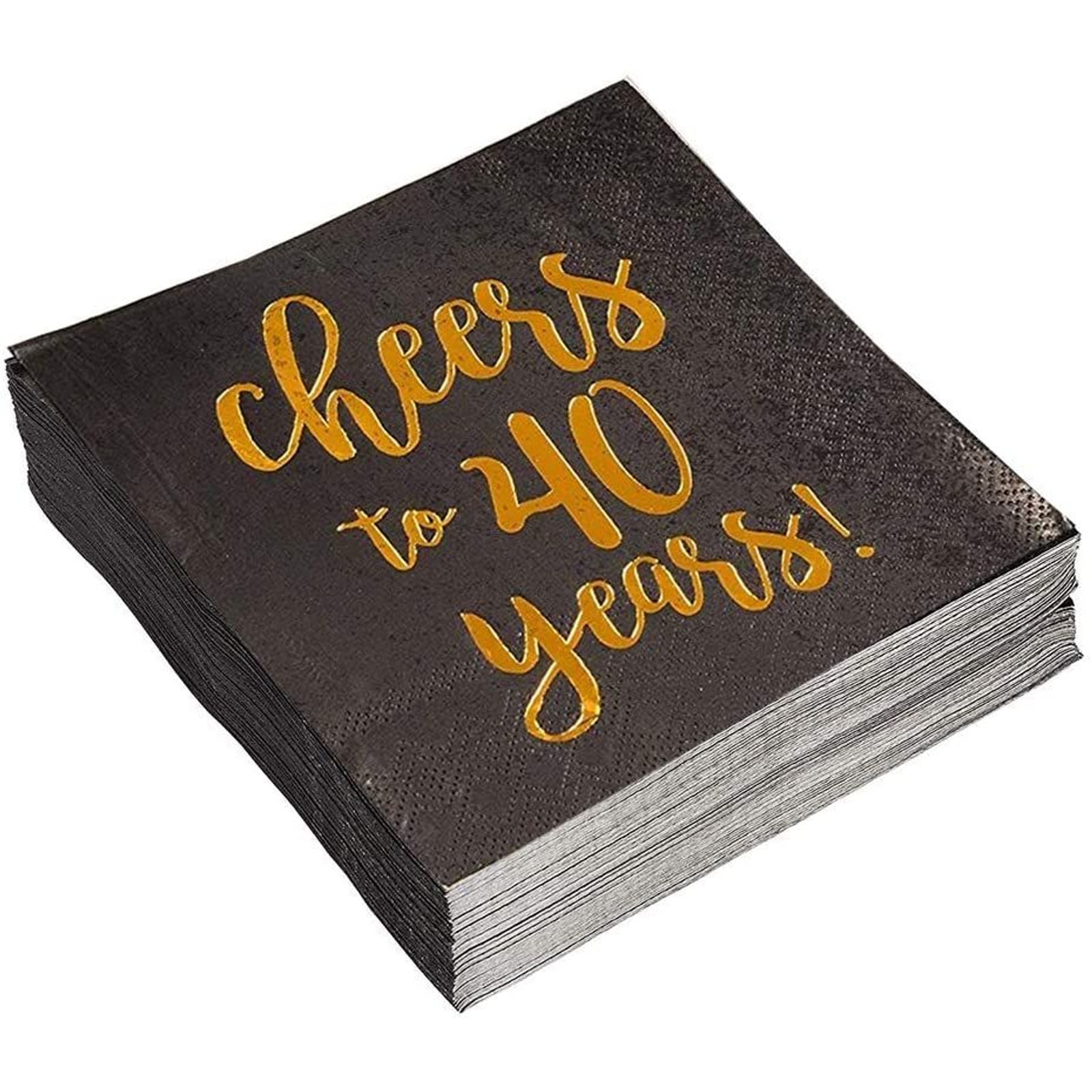 50-Pack Birthday Cocktail Napkins, 3-ply Cheers to 40 Years Disposable Paper Beverage Napkins for 40th Party Supplies, Anniversary Decorations, 5 inches Folded, Black & Gold Foil