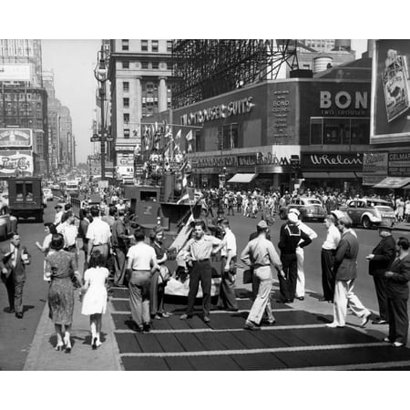 - 1940s Wwii Wartime Pedestrians Traffic Two Sailors Model Of Navy Ship Recruiting Station Times Square Manhattan New York