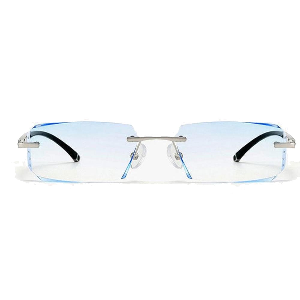 Mens Fashion Blue Light Blocking Rimless Reading Glasses 3.0, Metal Silver Spring Hinge Business Rectangle Blue Lens Sunglasses Readers +3.00