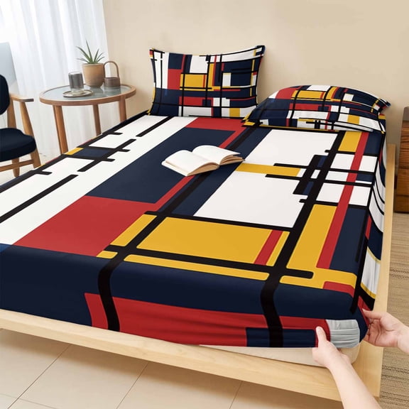 Full Size Fitted Sheet Set - Yellow Red Blue Geometric 3 Piece Bedding Sets 16" Deep Pocket Fitted Sheet with 2 Pillowcases Modern Color Block Abstract Art Brushed Microfiber Hotel Luxury Bed Sheets
