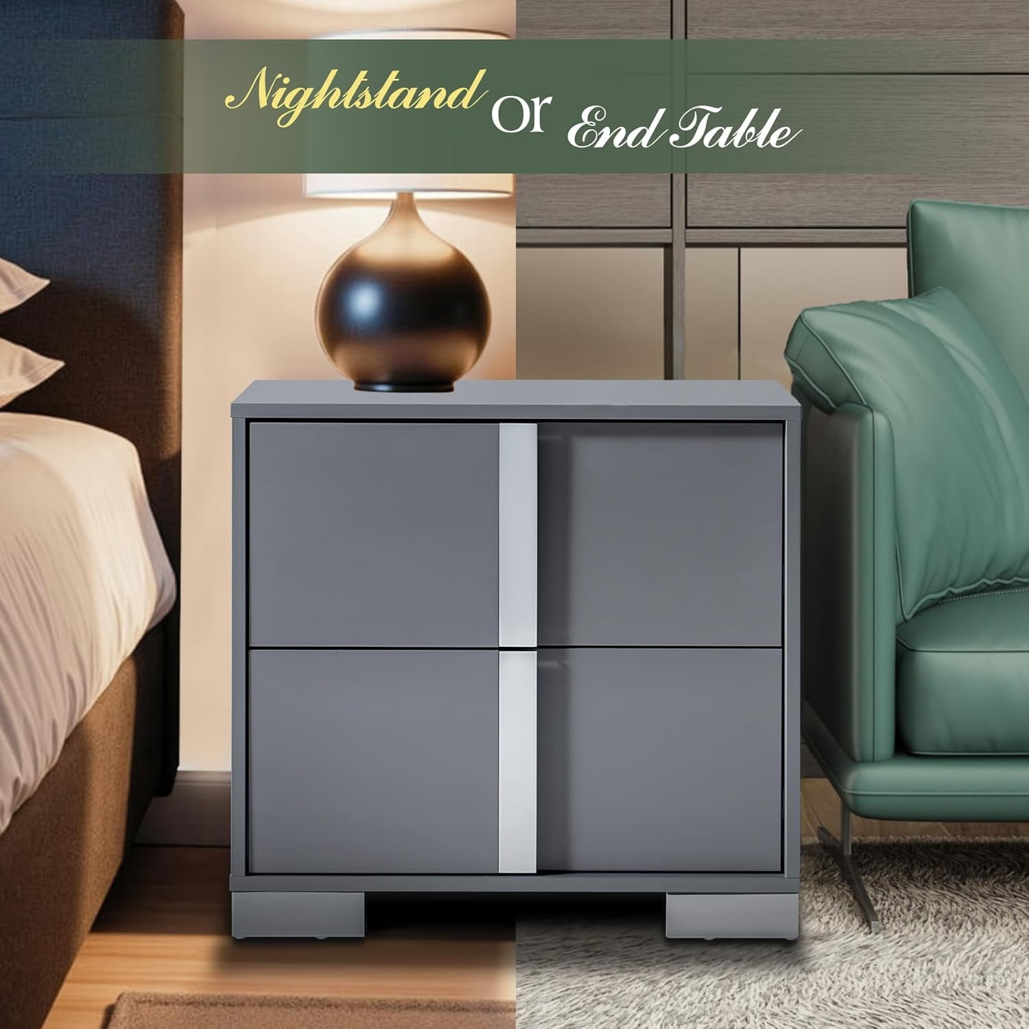 VanAcc Nightstand Set of 2 with Drawers & High Gloss UV Finish,Storage End Tables for Bedroom,Grey