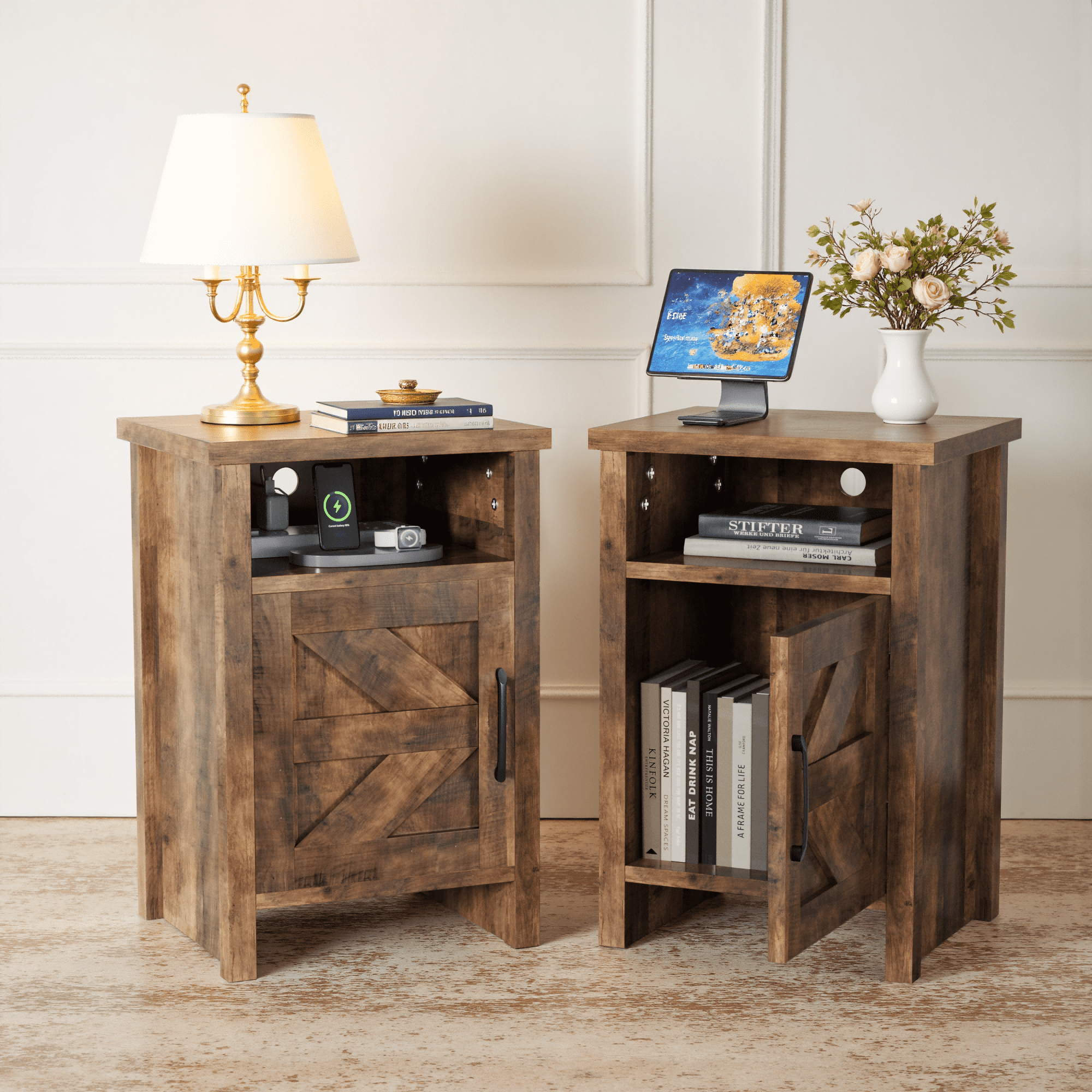 Vineego Nightstand Set of 2 Farmhouse Nightstand with Storage Shelves Bedside Tables End Table for Bedroom Modern Wood Side Table Living Room,Light Brown