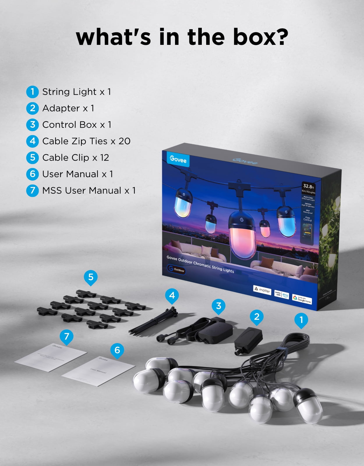 Govee 32.8ft RGB Outdoor String Lights, IP67 Waterproof, 55 LED Bulbs, 111+ Scene Modes, Works with Alexa, Google, Matter