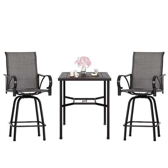 Summit Living 3 Pieces Outdoor Swivel Bar Stool Bistro Set with 2 Patio High-Back Metal Height Chairs&1 Bistro Bar Table,Black & Grey
