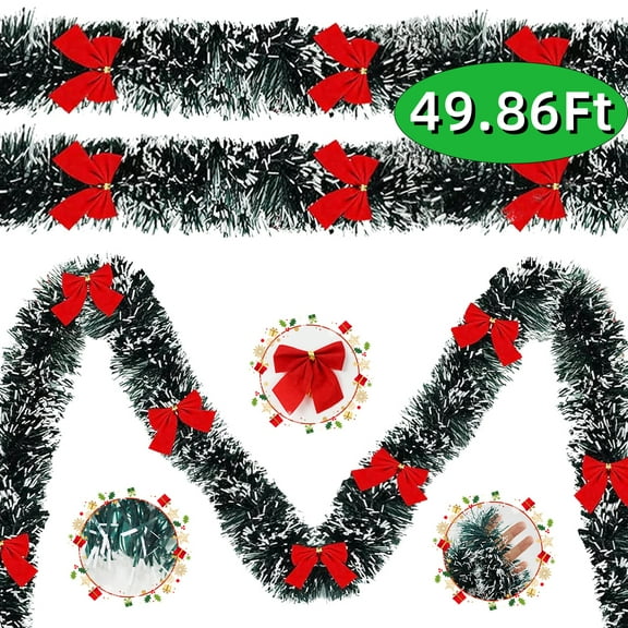 Christmas Tinsel Garland Party Supplies Xmas Garlands with Red Bowknots for Tree Mirror Office Home Indoor Outdoor Decoration 49.86Ft Design 1