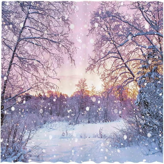 72x72 inch Winter Snowing Landscape Shower Curtain Set Christmas Wonderland Snowflake Bokeh Glitter Forest Bathroom Curtain Durable Waterproof Fabric Bathtub Sets Home Decor