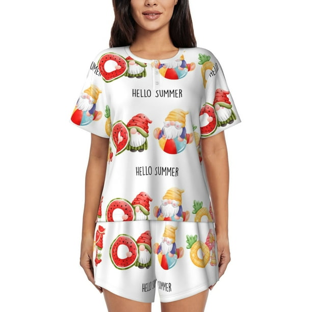 Fotbe Summer Gnome Conjunto de Pijama Estampado para Mujer, 2 Piezas, Ropa de Dormir con Camiseta de Manga Corta y Shorts Suaves-XX-Large