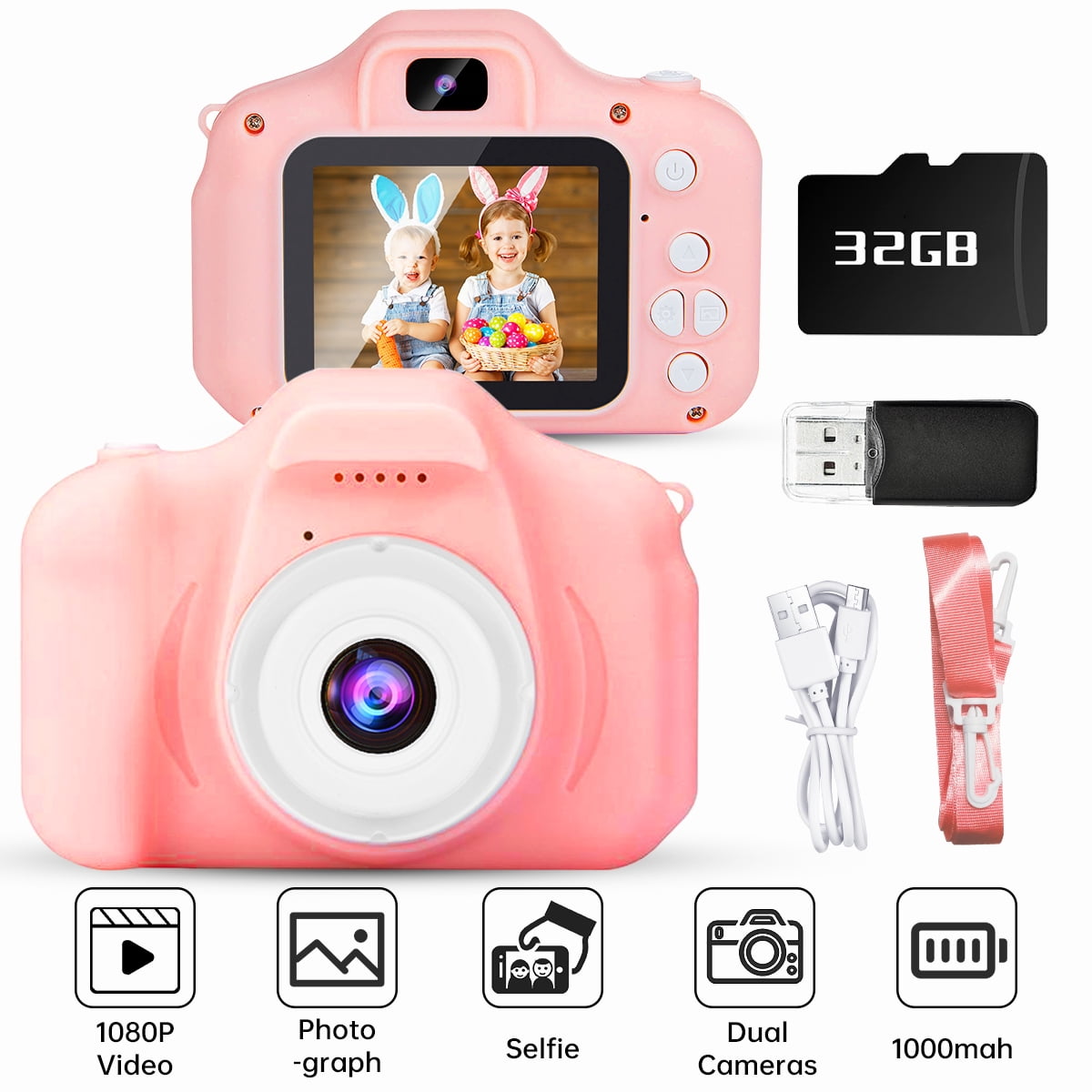 YOSINT Kids Camera, Kids Dual Lens Digital Camera, Portable Selfie Video Cameras Toy for Toddlers Christmas Birthday Gifts, 1080P HD Video Recorder Player for Girls Boys Age 3-12 with 32GB SD Card