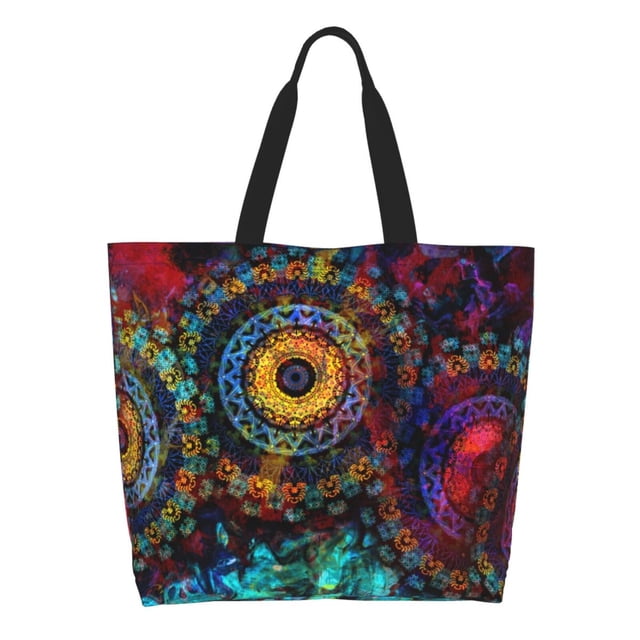 Fotbe Mandala Colorful Bolsa Tote Estética de Lona con Estampado para Mujer - Bolsa Reutilizable de Hombro Casual para Vacaciones, Compras, Trabajo y Gimnasio