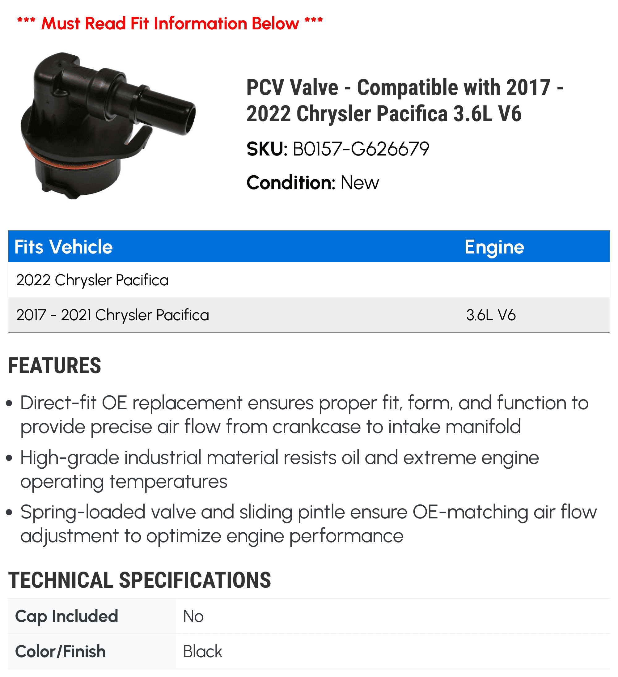 PCV Valve - Compatible with 2017 - 2022 Chrysler Pacifica 3.6L V6 2018 2019 2020 2021