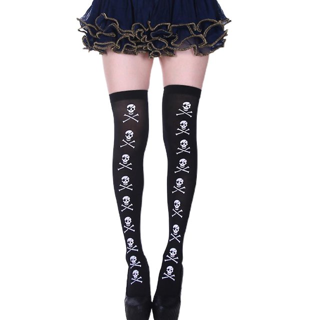 Calcetines hasta el muslo negros góticos de Halloween para mujer, medias por encima de la rodilla con estampado de calavera Vintage Harajuku, medias de Cosplay de Lolita
