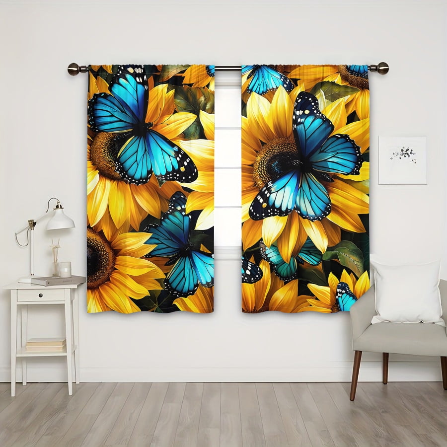 WNOOHIY Rustic Sunflower Butterfly Light-filtering Curtains for Bedroom Living Room,Window Treatment, Home Decor,Set of 2 Panels