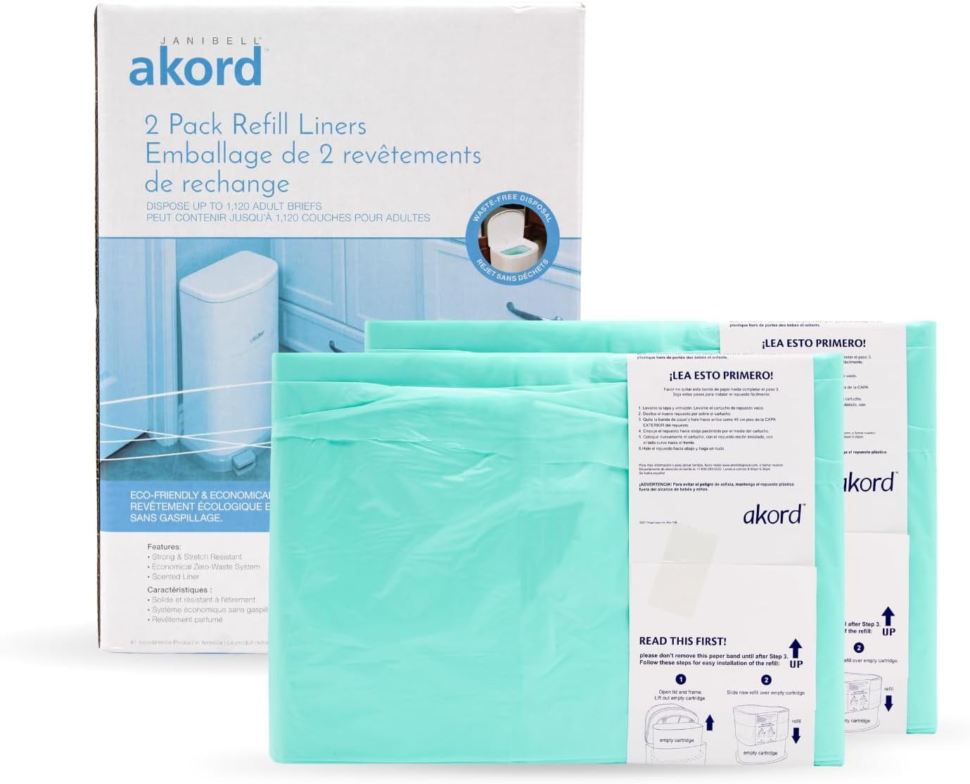 Janibell YANTONG 330 Adult Diaper Pail Refill Liners, 2 Count – Fits YANTONG Diaper Pail, Odor Locking, Easy Cut & Tie, Hands-Free Disposal, Continuous Liner – Each Liner Holds Up to 560 Adult Briefs