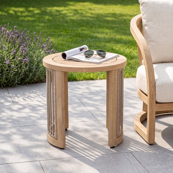 Christopher Knight Home Acacia Wood Outdoor Round Side Table with Rope Detail, Light Teak Finish