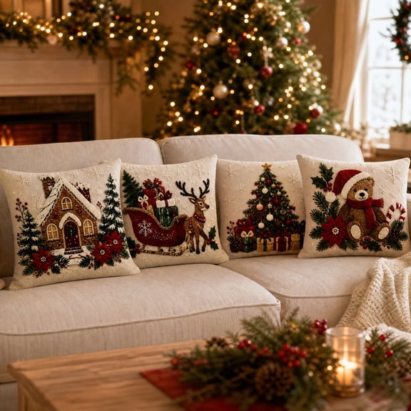 4 Pack Christmas Pillow Covers, Stereo Embossed Holiday Cushion Slipcovers, 18x18 Inch Throw Pillow Cases with Hidden Zipper for Sofa Couch, Living Room Decor