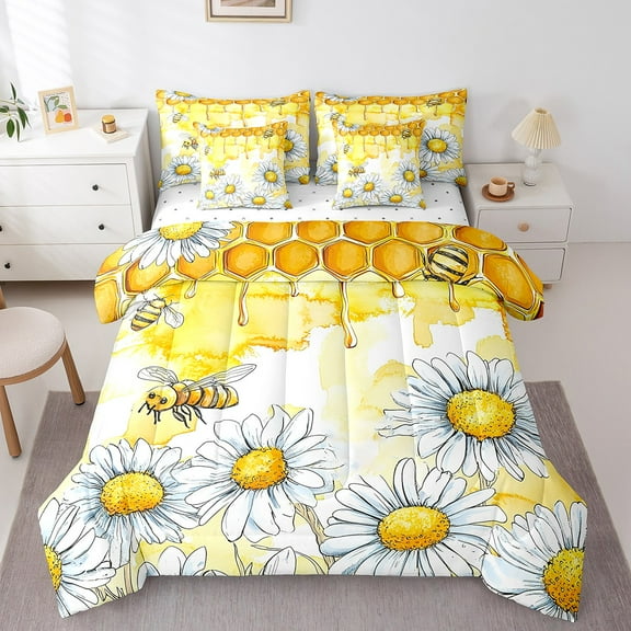 Erosebridal Animal Honeybee Bedding Sets Twin Size,Geometric Honeycomb Comforter Sets with Sheets,Floral Daisy Bed in a Bag Twin size,Lightweight Flower Bedroom Decorative,Reversible,7-Piece