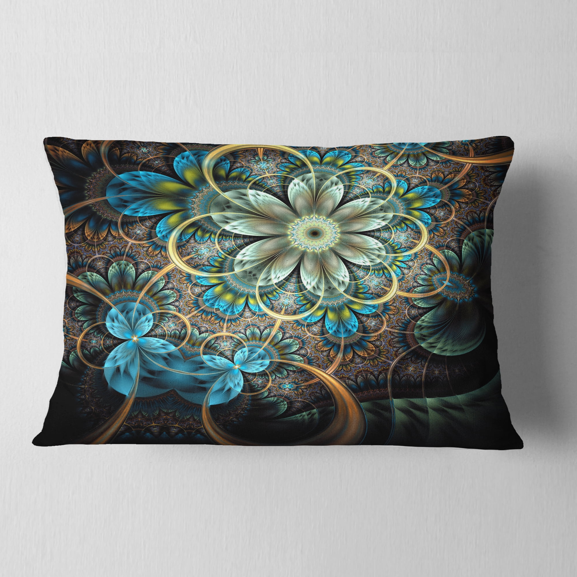Designart Lighted Blue Fractal Blue Flowers - Floral Throw Pillow - 12x20