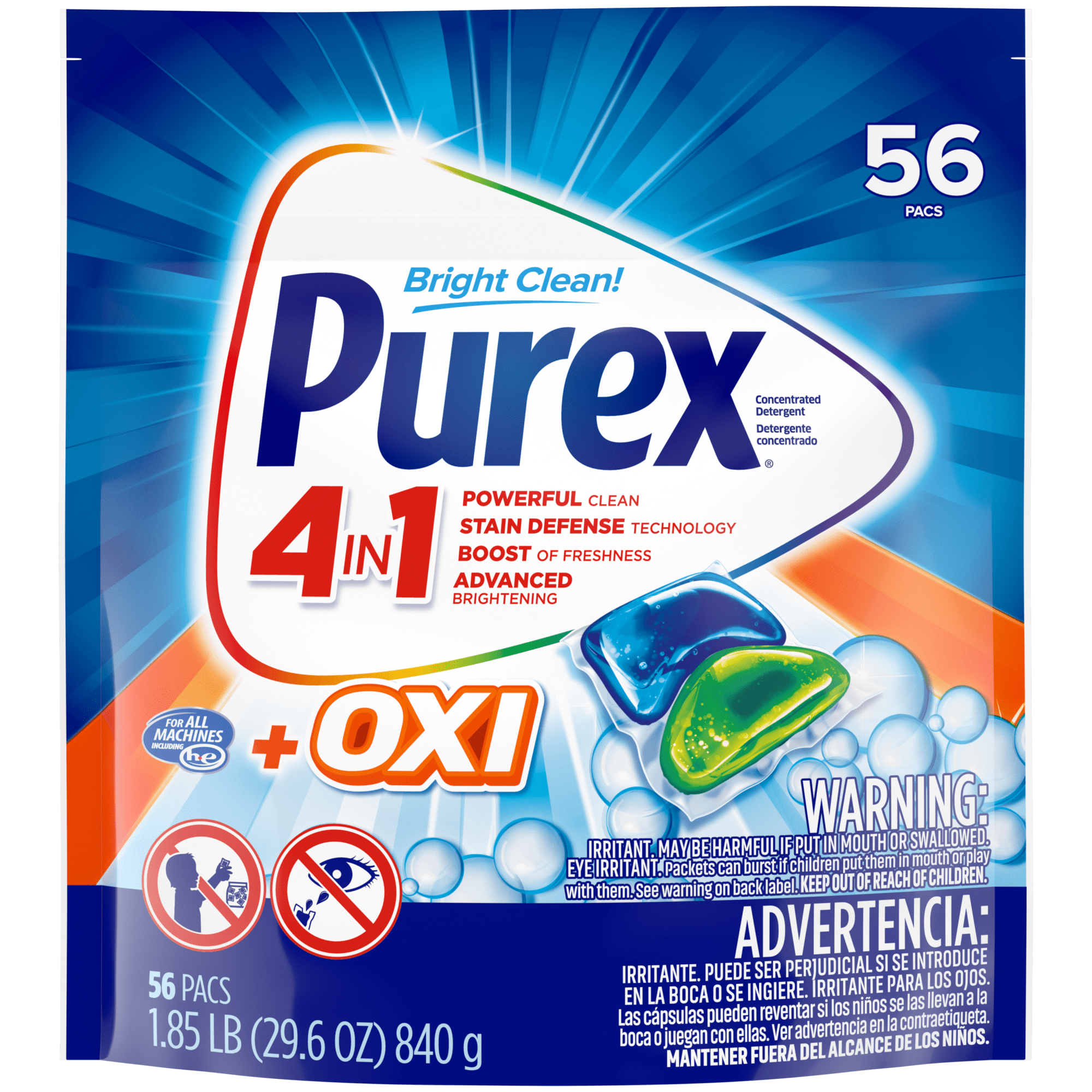 Purex 4-in-1 + OXI Laundry Detergent Pacs, Fresh Morning Burst, 56 Count