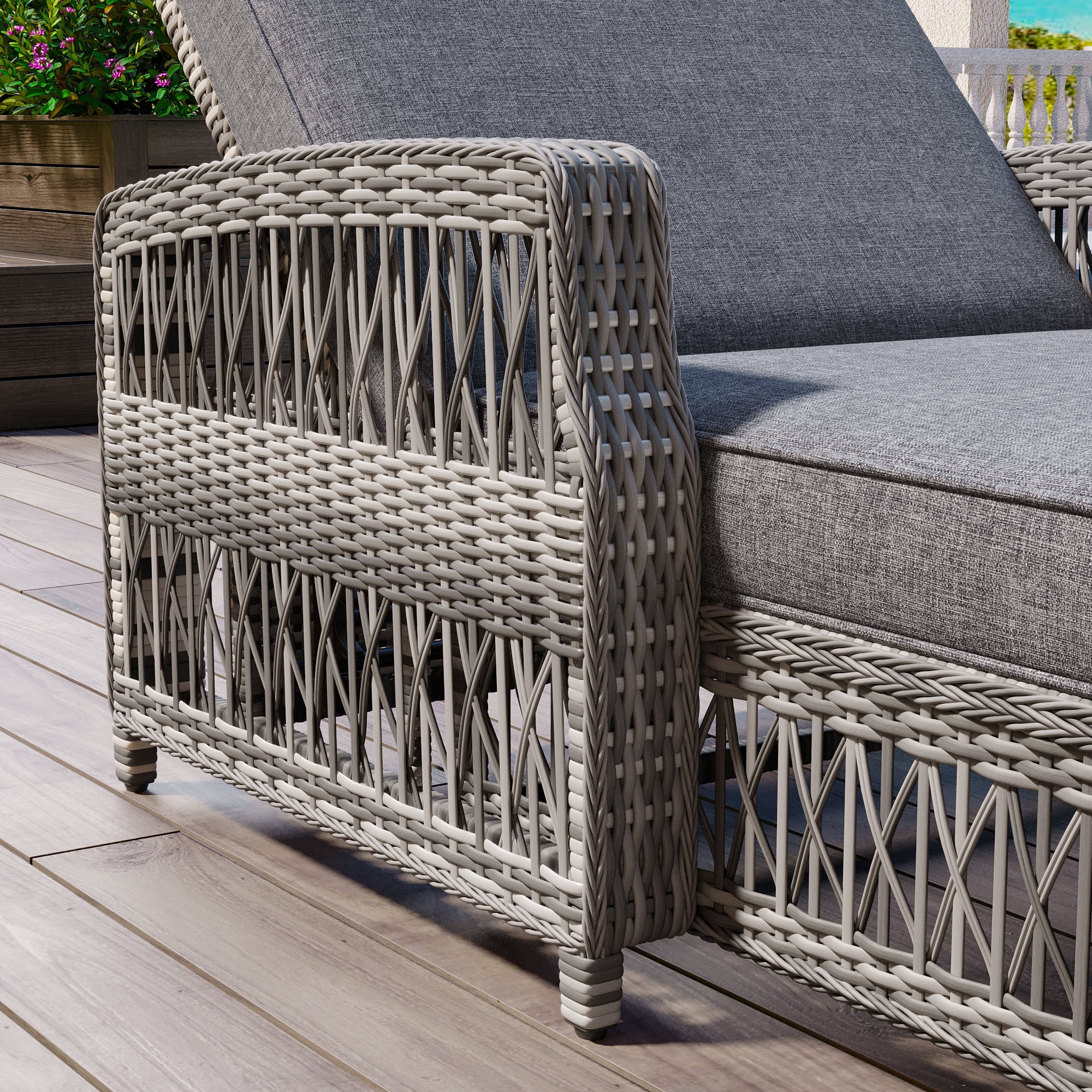 Euroco Outdoor Long Reclining Chaise, Wicker Lounge with Armrests, Patio Adjustable Recliner with Soft Removable Cushions, All Weather Rattan Pool Lounge