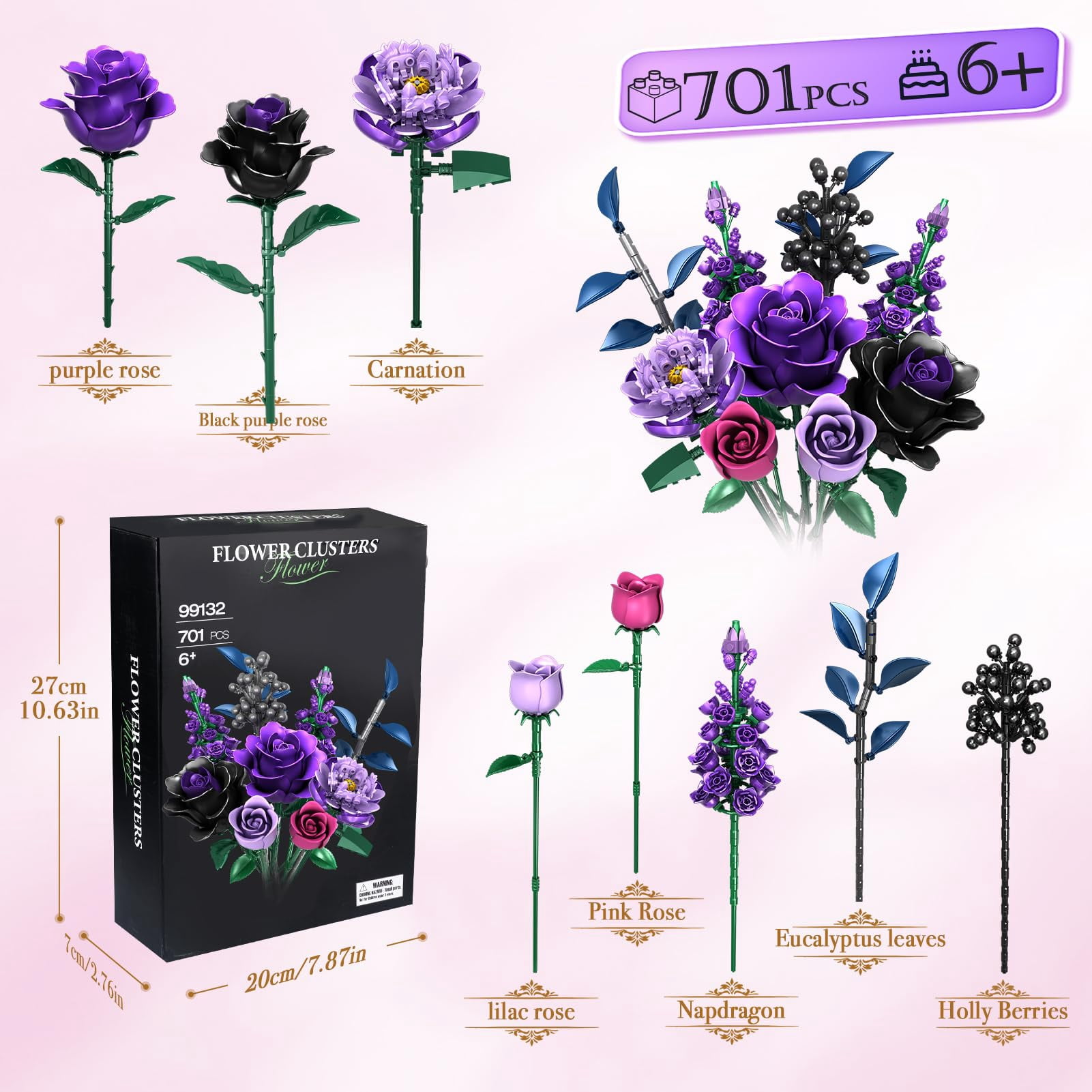 Flowers Bouquet Building Set, Rose Flower Botanical Collection Building Kit Toys Home Decoration Gifts for Kids Adults Women Her, Christmas Valentine's Mother's Day Gifts 701 PCS