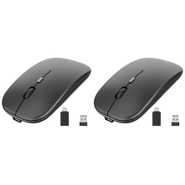 2X Ratón Inalámbrico Recargable, Ratón ÓPtico Ultra Silencioso de 2,4 G con Receptor USB Y Tipo C, para Ordenador Portátil, (Negro)