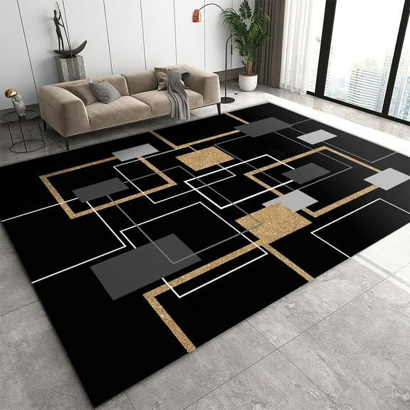 Area Rugs Living Room Rug, Modern Luxury Black Gold Rectangular Lines Floor Rugs, Non Slip Easy Clean Low Pile Shed Resistant Carpet for Bedroom Entryway Lounge Study Room 2x3ft