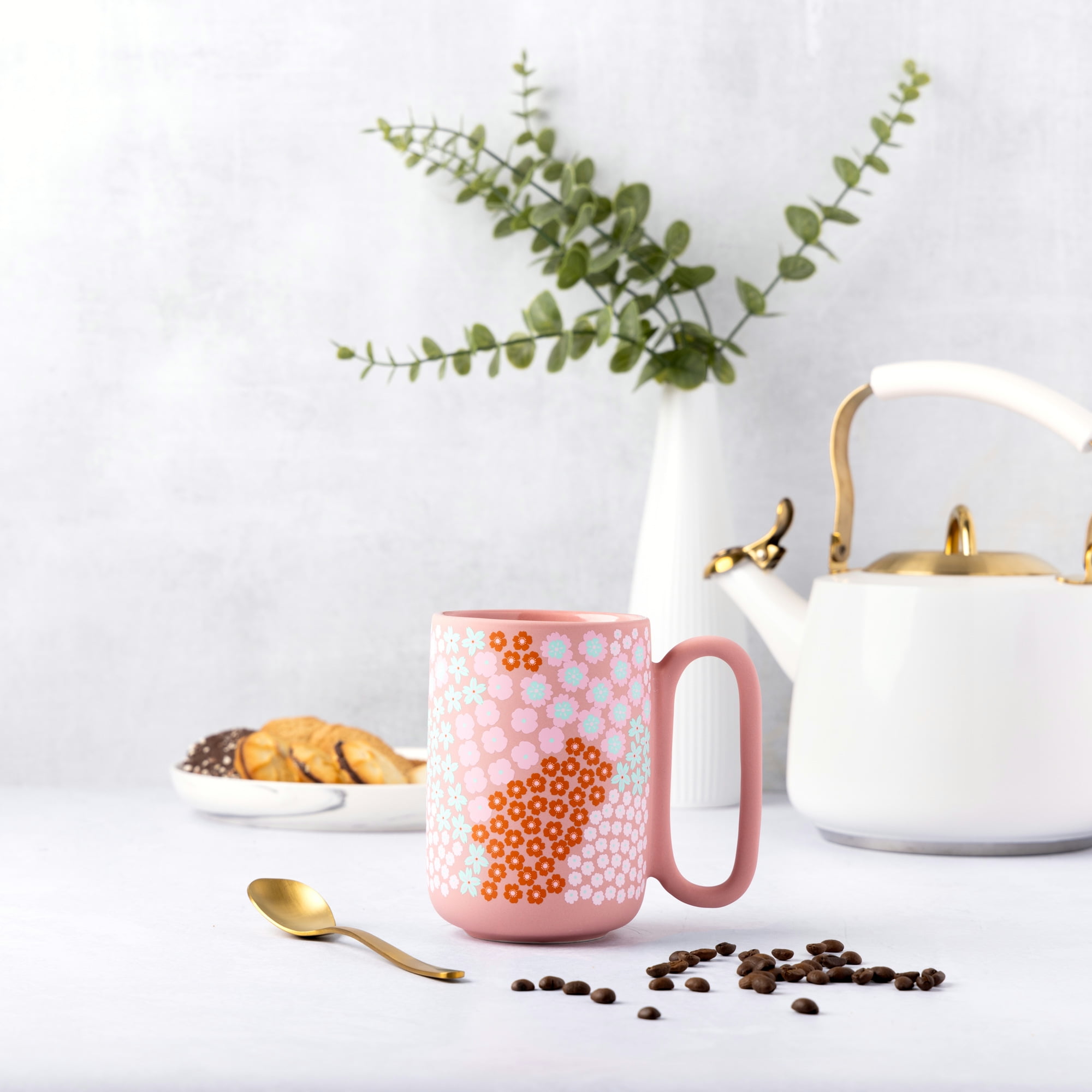 Thyme & Table 19.6 fl oz Pink Flowers Soft Touch Stoneware Mug