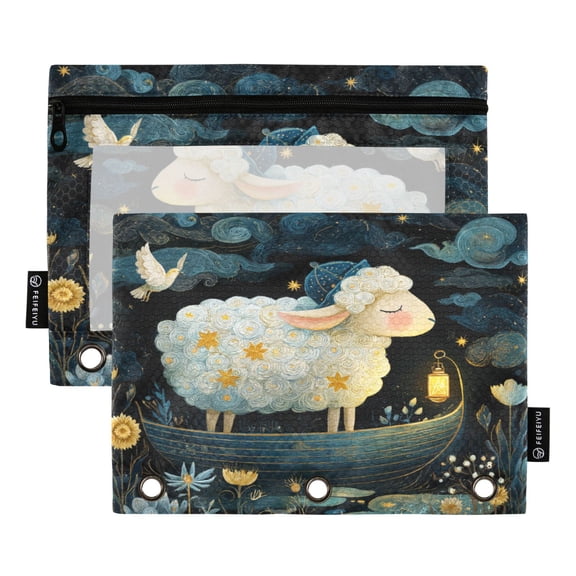 2 Pack 3 Ring Binder Pouch with Clear PVC Window Water Resistant Zipper Pencil Pouch A Cute Sheep Binder Pocket for Classroom Office Home Stationery Organization