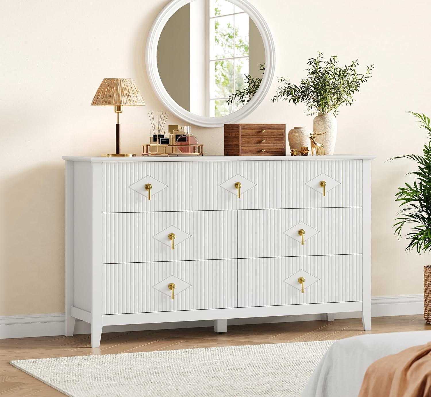 7-Drawer Dresser 54-In Modern Chest of Drawers with Metal Handles Wood Top for Bedroom