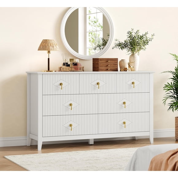 Dresser for Bedroom with 7 Drawers, 54" Wide Modern Chest of Drawers with Metal Handle, Dresser TV Stand, Wood Drawer Organizer for Bedroom, Living Room, Hallway