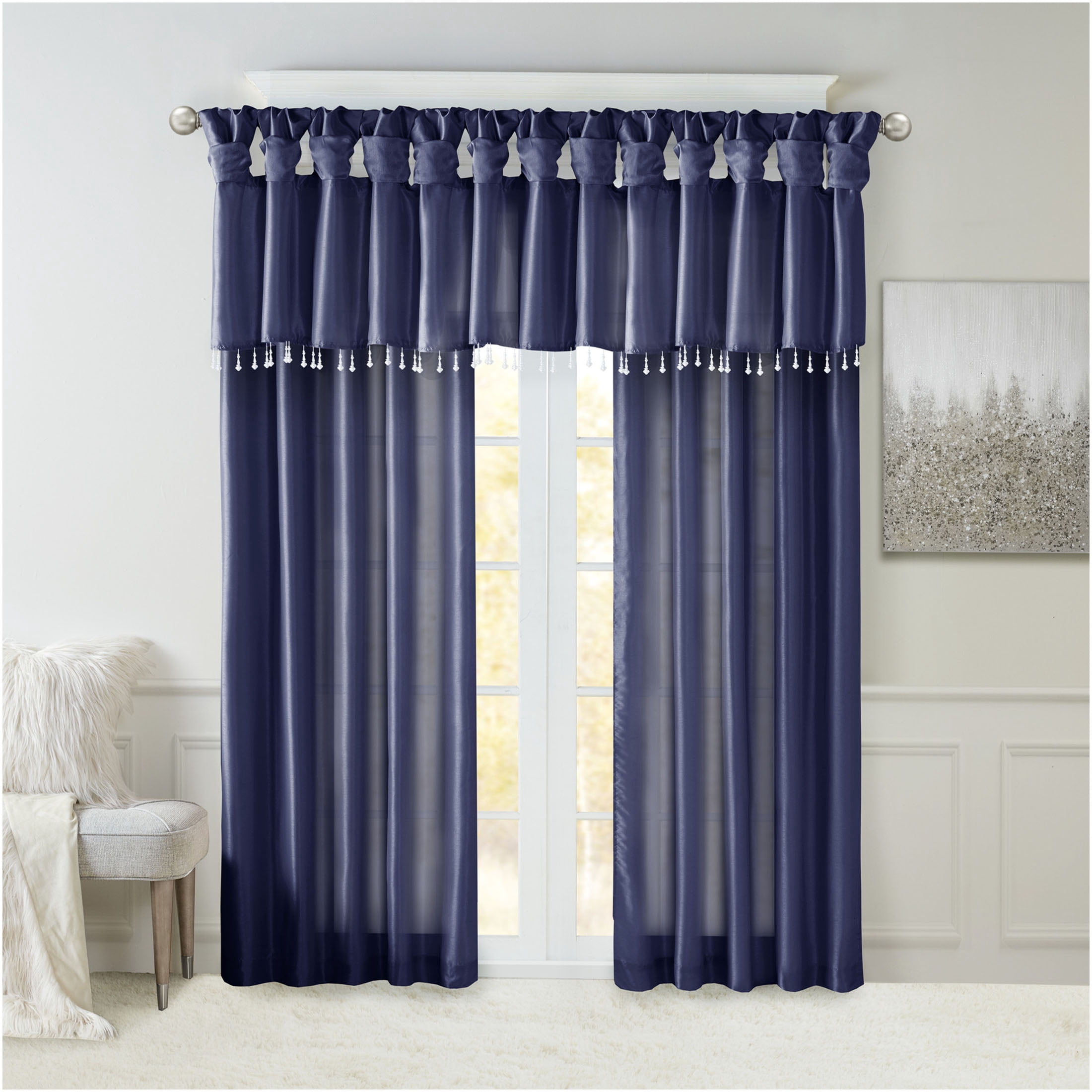 JERFIT Navy Blue Faux Silk Window Valance with Beaded Trim, 50x26 Inch DIY Twist Tab Top Curtain for Elegant Home Decor