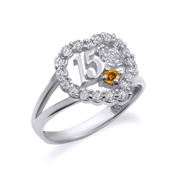 .925 Sterling Silver 15 Años November Citrine Cubic Zirconia Heart Rose Flower Quinceañera Ring (Size 6)