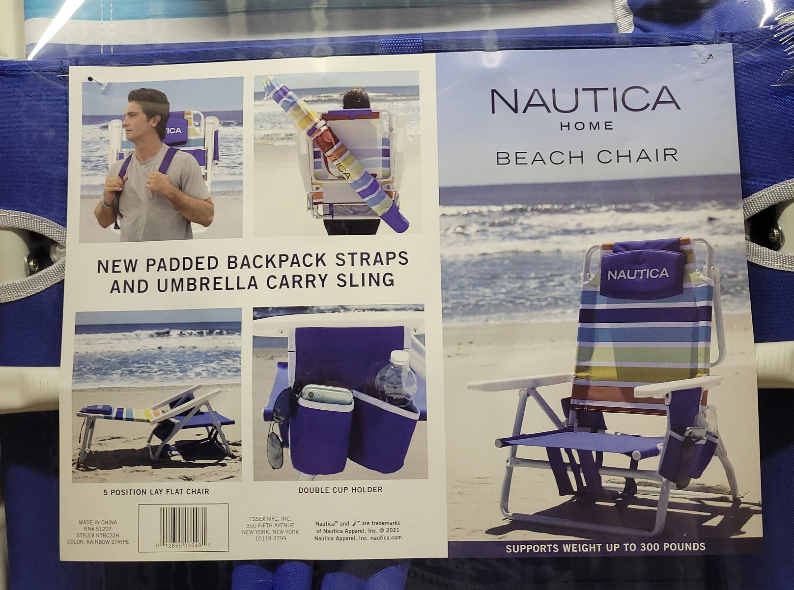 Nautica Portable Beach Chair, Double Cup Holder, Padded Straps (Rainbow Stripe)