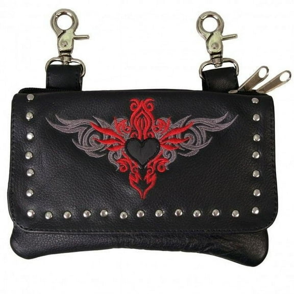 Studded Red Tribal Heart Leather Belt Clip Riding Bag