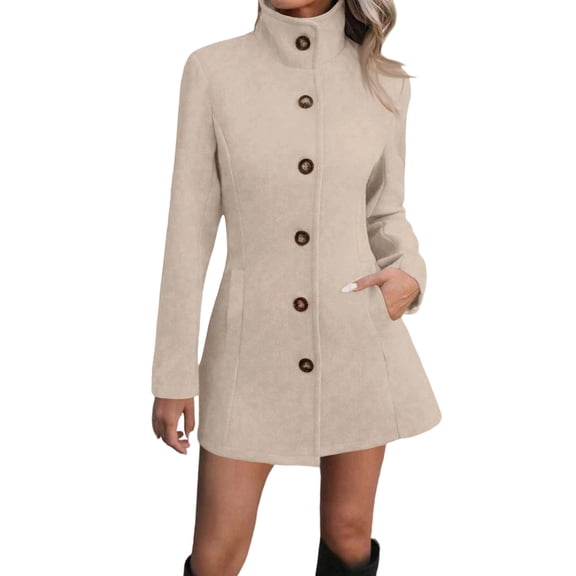 Women's Fashionable, Casual, Commuting Stand-up Collar Woolen Top Coat, A Professional and Warm Jacket for Work,Beige,L