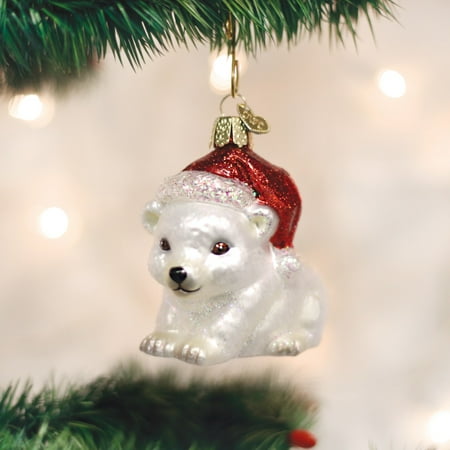 Santa Bear Ornament - Old World Christmas Polar Bear with Santa Hat Glass Ornament 12449 FREE BOX New