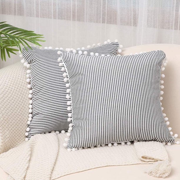 Htooq Farmhouse Ticking Stripe Pillow Covers with Pom Poms Set Of 2 Black And White outdoor Decorative Throw Pillowcase Cushion Covers For Sofa Couch