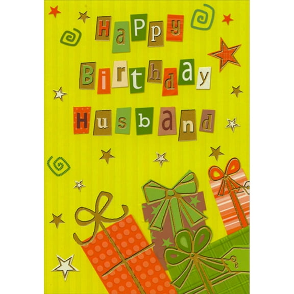 Designer Greetings Foil Letters, Stars and Gifts on Yellow Vertical Stripes Husband Birthday Card