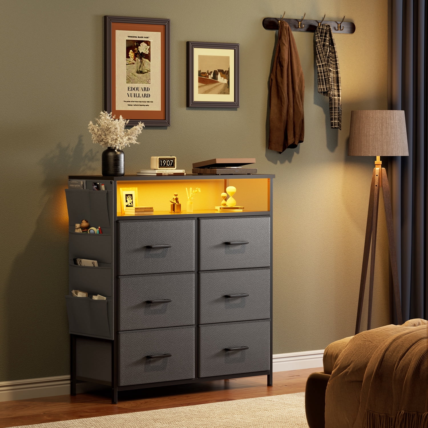HLDIRECT Dresser for Bedroom with 6 Drawers, Fabric Chest of Drawers with Open Shelves & Side Storage Bags, Storage Cabinet with LED Lights for Living Room, Closet, Entryway, Gray