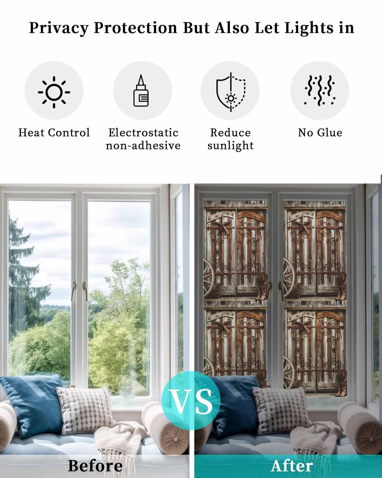 Window Privacy Film Retro Brown Door Stained Glass Window Film Decorative Sun Block Window Cover Farmhouse Vintage Wooden Door Window Clings Static Adhesive Sticker for Bathroom 29.5"x118"