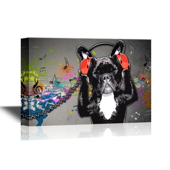 wall26 - Canvas Wall Art - Dog Listening to Music Funny Animal Concept - Gallery Wrap Modern Home Art | Ready to Hang - 12x18 inches