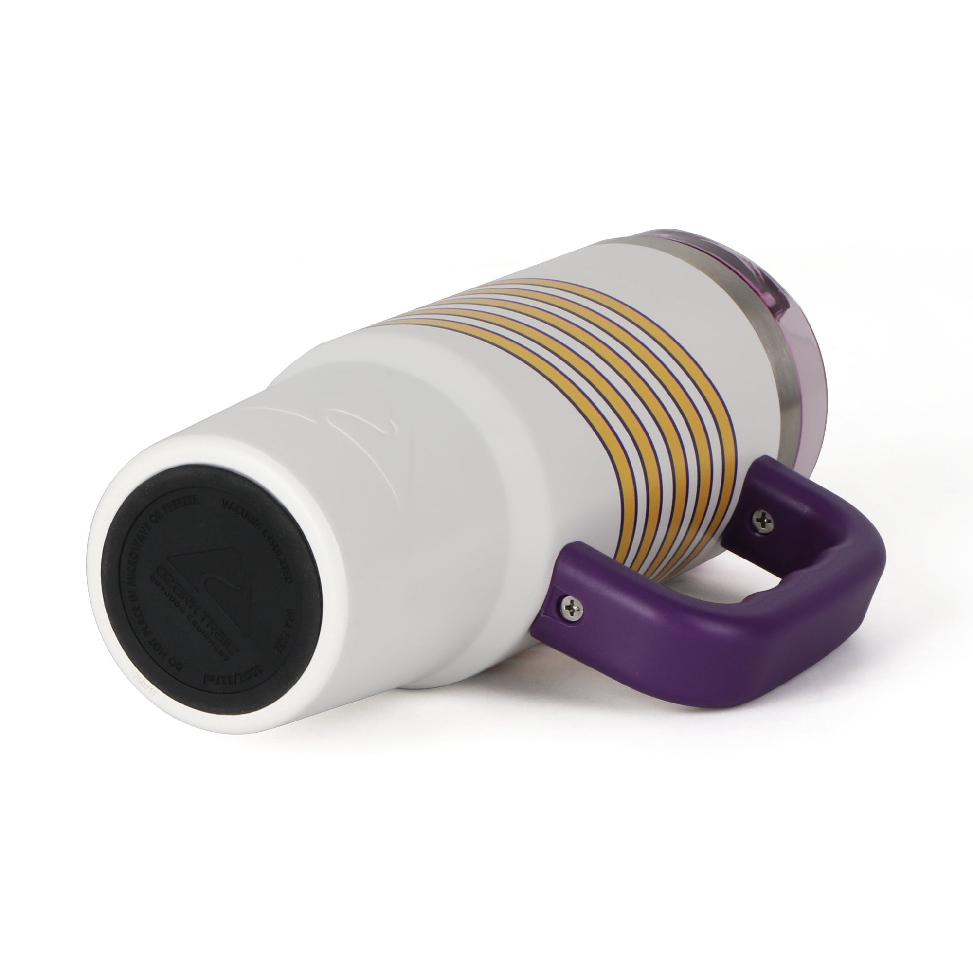 Ozark Trail 30 oz Stainless Steel Insulated Tumbler with Handle, White with Purple and Yellow Varsity Stripes