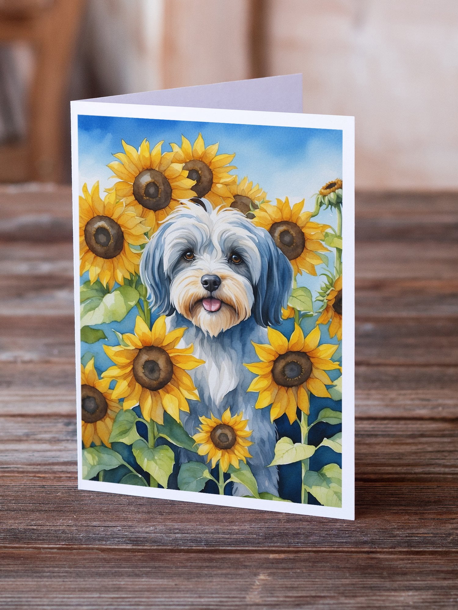 Tibetan Terrier in Sunflowers Greeting Cards Pack of 8 7 in x 5 in