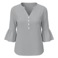 thumbnail image 2 of Bosfbaoi 3/4 Length Sleeve Womens Tops Notched V Neck Button Front Flounce Bell Sleeve Casual Blouses, 2 of 7