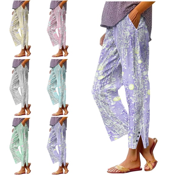 NSLGXD Palazzo Pants for Women Straight Leg Elastic High Waisted Floral Trousers Loose Fit Summer Pant with Pockets